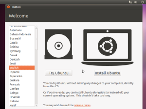 The initial screen shown when booting the Ubuntu 10.10 live cd